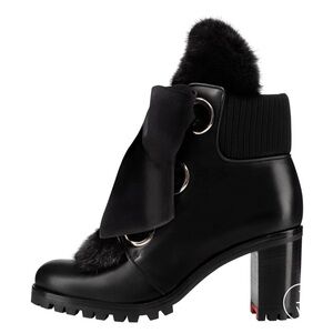 Christian Louboutin Black Fur-Trim Ribbon Lace Block Heel Ankle Boot